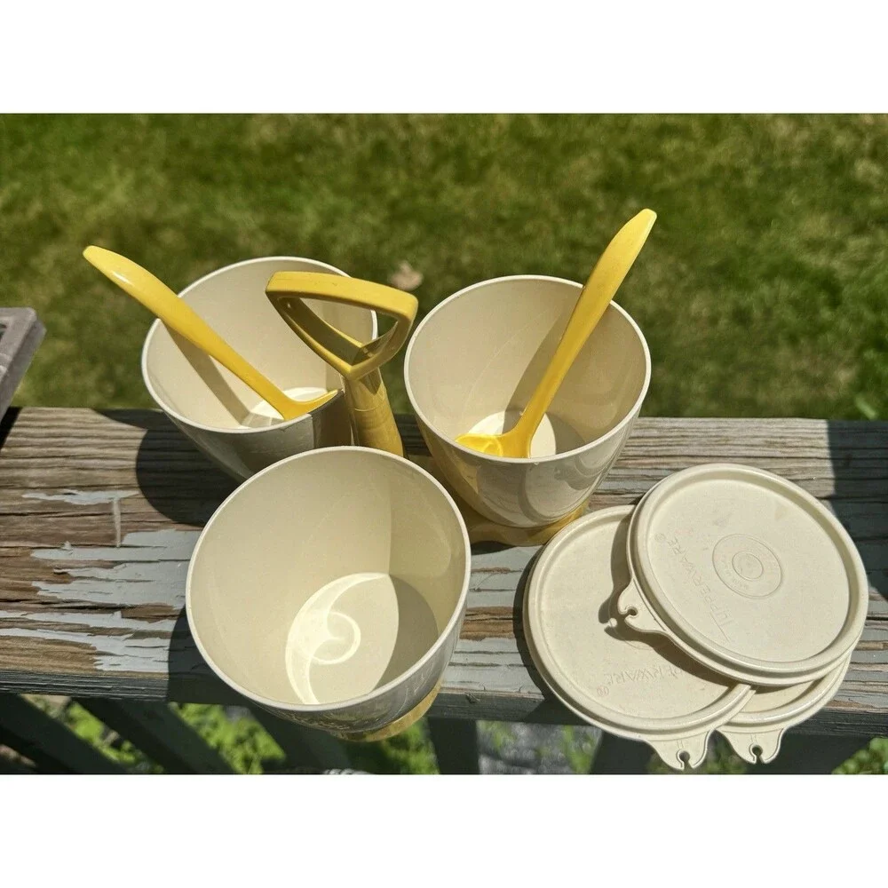 Vintage Tupperware Condiment Server Set w/ Caddy, Lids, Spoons - Yellow